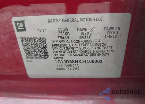 2018 Chevrolet Sonic Lt Auto from USA, damaged, VIN 1G1JD5SHXJ4109061